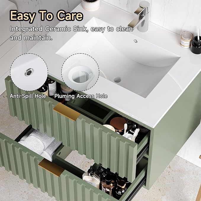 ONBRILL 24 Inch Bathroom Vanity with Sink Combo, Floating Bathroom Vanity with 2 Fluted Drawers & Metal Handle, Modern Wall Mount Storage Cabinet with Ceramic Integrated Sink for Small Space (Green)