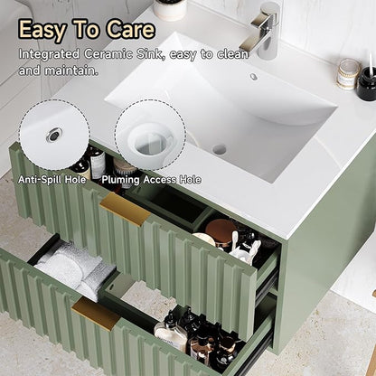 ONBRILL 24 Inch Bathroom Vanity with Sink Combo, Floating Bathroom Vanity with 2 Fluted Drawers & Metal Handle, Modern Wall Mount Storage Cabinet with Ceramic Integrated Sink for Small Space (Green)