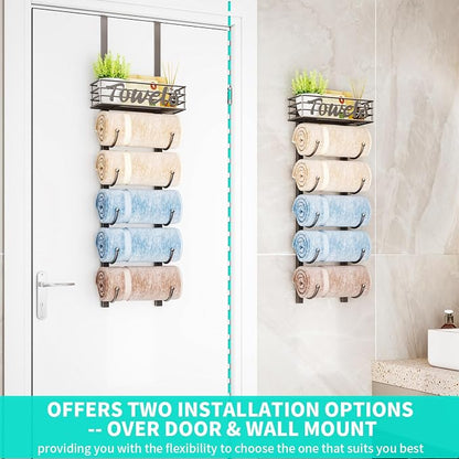 HapiRm Towel Racks for Bathroom Storage - 6 Tier Over The Door & Wall Mount Rolled Towel Storage Organizer Holder with Metal Shelf Basket for Small Bathroom, Camper, Rv - Patented
