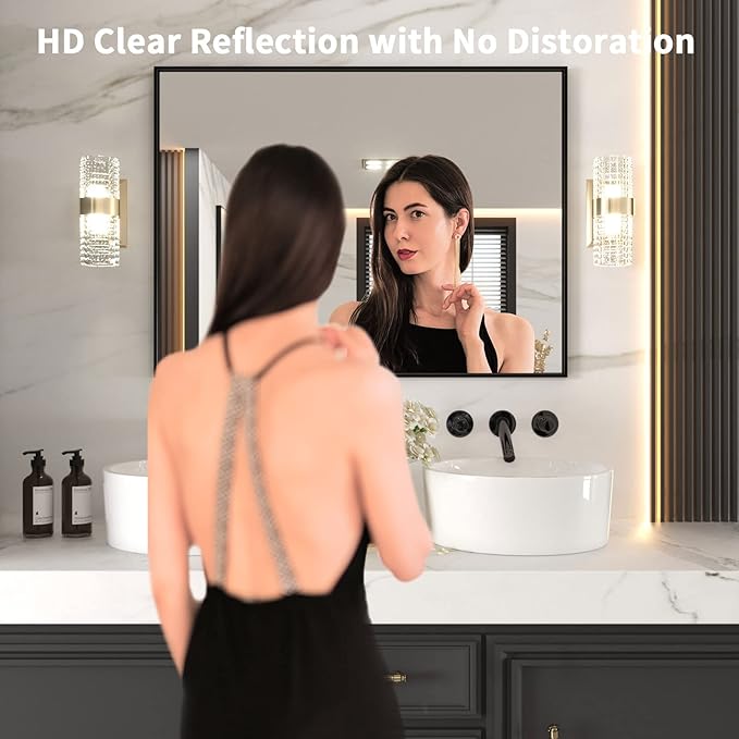 LOAAO 48"X36" Black Rectangle Bathroom Mirror Wall, Matte Black Aluminum Alloy Frame, Tempered Glass, Hangs Vertically or Horizontally, Easy to Install