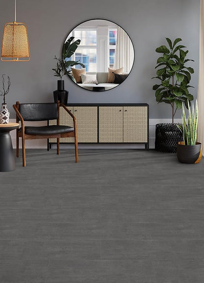 FloorPops Quarry Dark Grey Peel and Stick Floor Tiles, Stone Vinyl Floor Tiles, Water Resistant, 24-in x 12-in Pack of 6