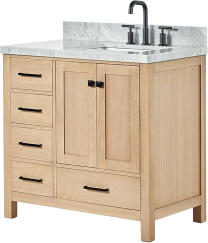ARIEL Cambridge 36-inch Bathroom Vanity with Sink,Solid Wood, 1.5-inch Italian Carrara Marble Countertop, Single Rectangular Porcelain Sink, 2 Soft Closing Doors, 5 Dovetail Drawers, White Oak