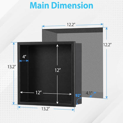 304 Stainless Steel Shower Niche 12” x 12” for Bathroom Storage | Waterproof Matte Black Recessed Shower Niche No Tile Needed with 2-Tier Shelves