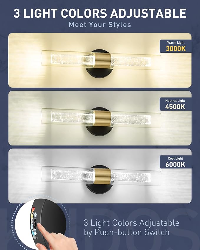 kudos Black and Gold LED Vanity Light, Crystal Bubble and Clear Glass, 3CCT | 11W, 1000 Lumens,3000K, 4500K and 6000K Selectable, Hardwired, for Bathroom, Bedroom and Over Mirror, KDVL05-BG-2