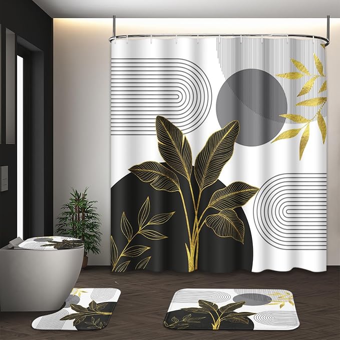 Bathroom Sets with Shower Curtain and Rugs, 4 Pcs, Boho Mid | Century Abstract Leaves Minimalist Bathroom Decor Set with Toilet Lid Cover, Non-Slip Bath Mats and Accessories 12 Hooks