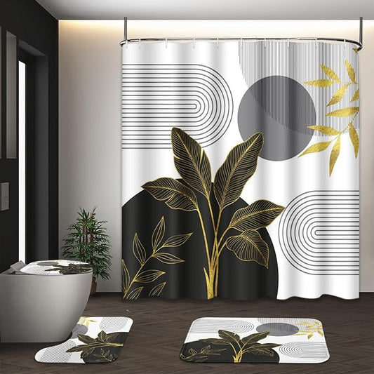Bathroom Sets with Shower Curtain and Rugs, 4 Pcs, Boho Mid | Century Abstract Leaves Minimalist Bathroom Decor Set with Toilet Lid Cover, Non-Slip Bath Mats and Accessories 12 Hooks
