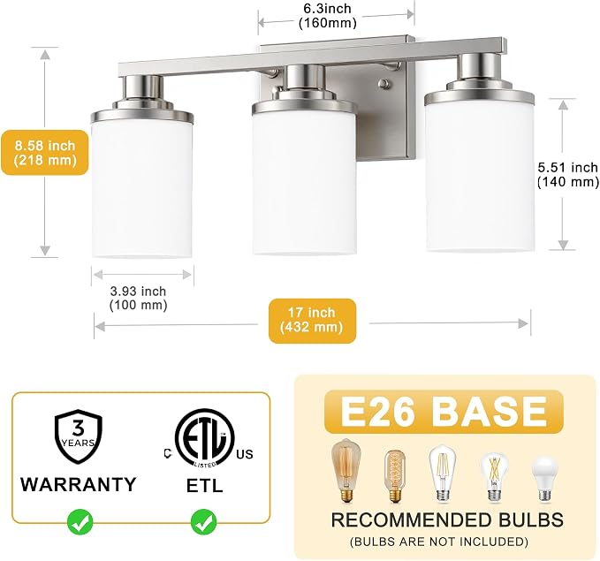 L LOHAS LED 3-Light Bathroom Vanity Light, Brushed Nickel | Milky White Frosted Glass Shades; Wall Sconce Over Mirror for Bedrooms; ETL Listed