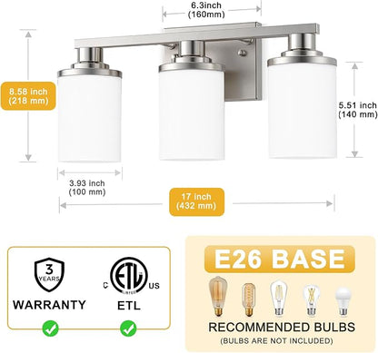 L LOHAS LED 3-Light Bathroom Vanity Light, Brushed Nickel | Milky White Frosted Glass Shades; Wall Sconce Over Mirror for Bedrooms; ETL Listed
