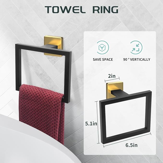 Dorudon Atrox 7-Piece Bathroom Set - Black & Gold Accessories Set - Square Towel Bar 2x23'', Hand Towel Rack, Toilet Paper Holder, 3x Towel Hook, Bathroom Hardware