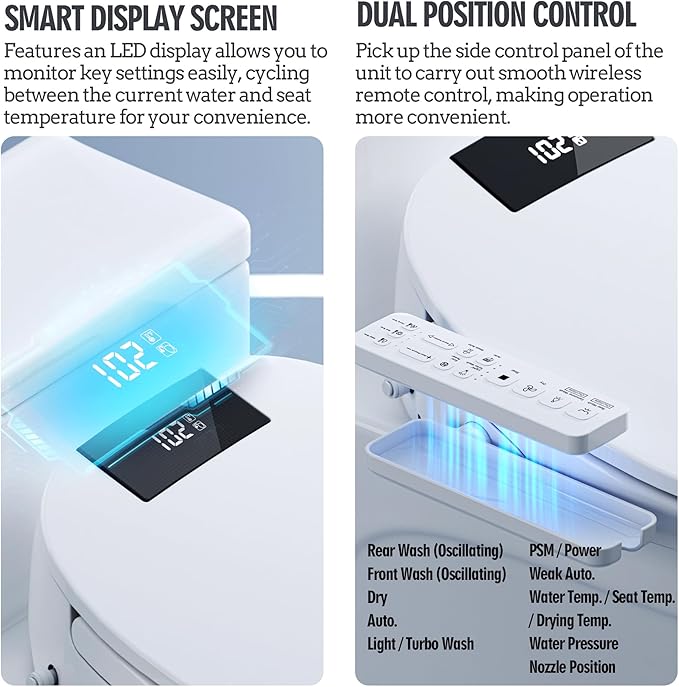 Heated Bidet Toilet Seat with Dual-Position Control Mode, Side Panel & Remote Control, Self-Cleaning Nozzle, Adjustable Warm Water and Dryer, Display Screen, Night Light, Elongated