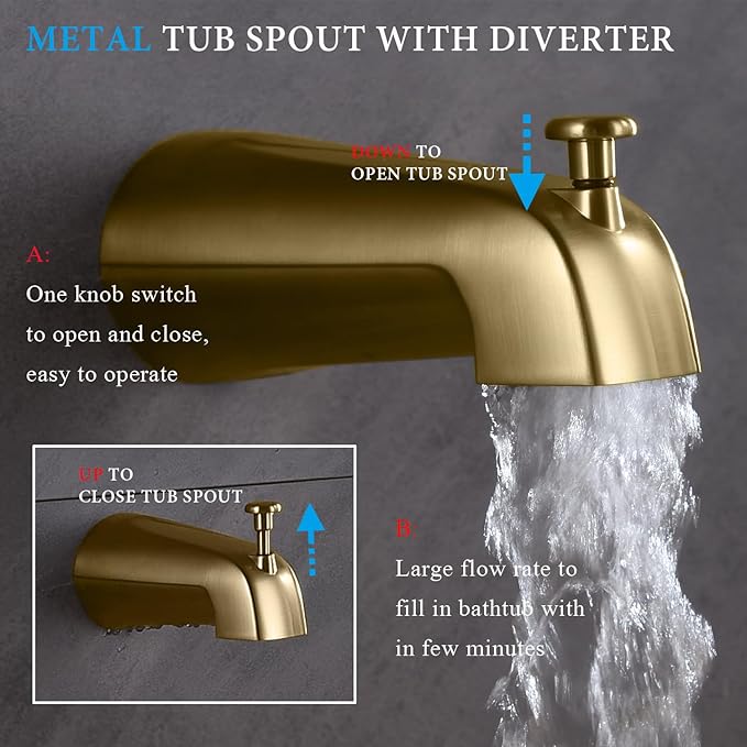Shower Faucet Set with Tub Spout Brushed Gold 10 Inch Rainfall Shower 4 Setting Spray Mixer Shower System Modern Luxury Wall Mounted Tub Shower Faucet Set Rough-in Valve Body (Brushed Gold)