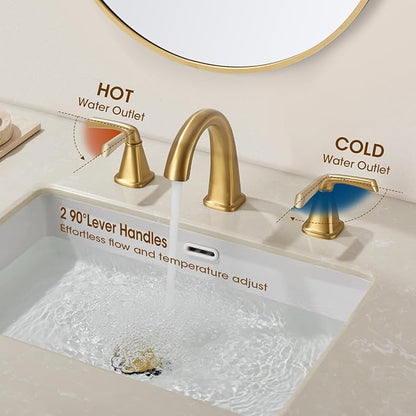 Gold Bathroom Faucet,Brushed Gold Bathroom Faucet,Brass Sink Faucets,Bathroom Faucet 3 Hole Brushed Nickel，with Pop Up Drain Supply Hose for Vanity,Lavatory RV Farmhouse