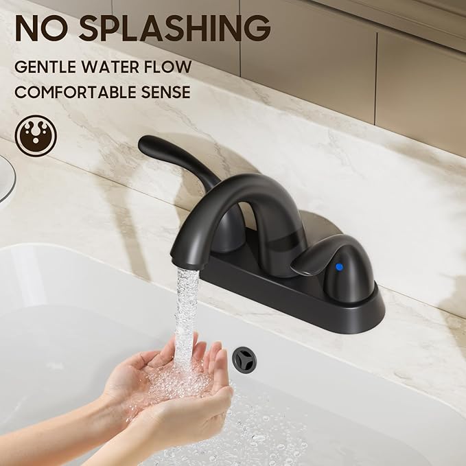 Phiestina 4 Inch 2 or 3 Holes 2 Handles Centerset Matte Black Lead-Free Bathroom Sink Faucet, Bathroom Faucet with Copper Pop Up Drain and Water Supply Lines, BF008-5-MB
