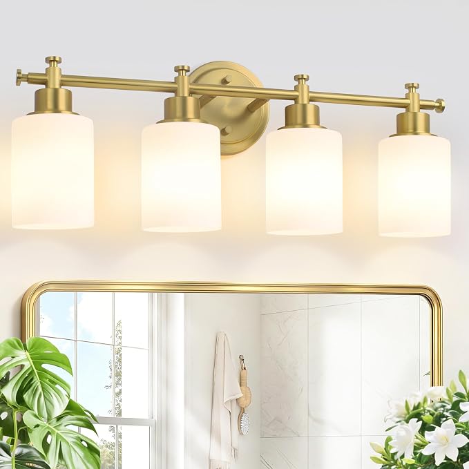 4-Light Brushed Gold Bathroom Vanity Light, Modern Vanity Lights, 23 Inch | 23'' Vanity Light Over Mirror with White Glass Shades, E26 Base Bathroom Wall Light Fixtures for Bathroom Hallway Living Room
