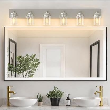 IZORRO Bathroom Vanity Light Fixture, 6-Light 46 Inch Brushed Nickel Bathroom Light Fixtures Over Mirror, with Clear Glass Shade, Modern Farmhouse Vanity Lights, Rustic Restroom Lighting Fixtures