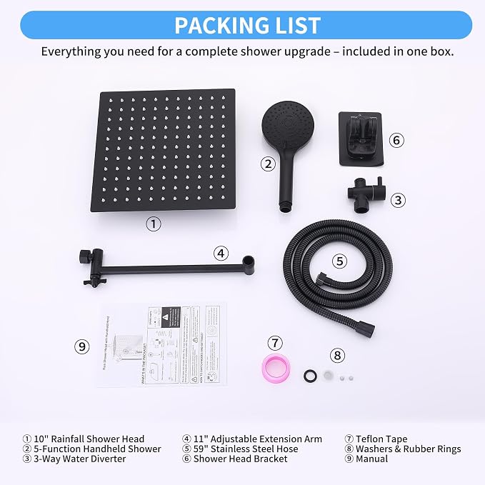 Peicuai Shower Head Combo, 10-Inch High-Pressure Rainfall Shower Head with 11-Inch Adjustable Extension Arm, 5-Setting Matte Black Handheld Shower with Long Hose, Powerful Spray for Low Water Pressure