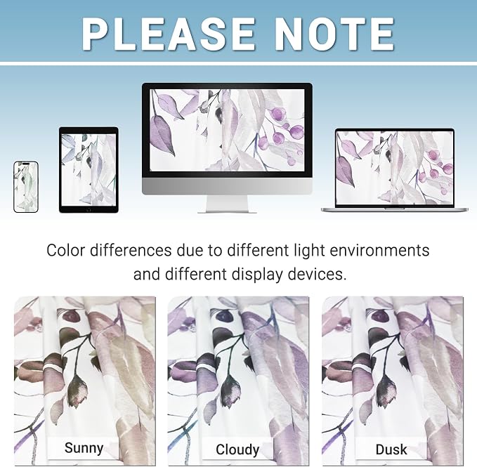 No Hook Floral Shower Curtain with Liner, Eucalyptus Plum, 71x74 | Snap in Liner, 3 in 1, Water Repellent, Easy Install, Machine Washable, Hotel Style for Bathroom, Watercolor Pattern