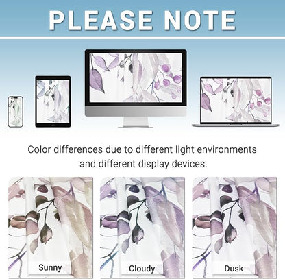 No Hook Floral Shower Curtain with Liner, Eucalyptus Plum, 71x74 | Snap in Liner, 3 in 1, Water Repellent, Easy Install, Machine Washable, Hotel Style for Bathroom, Watercolor Pattern
