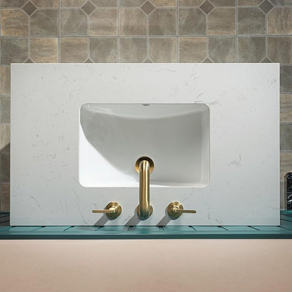 Woodbridge 36"x22" Bathroom Vanity with Single Ceramic Undermount Sink, White Engineered Stone Top, Hand-Painted Black & Gold Accents, Sleek Thin-Leg Frame, Space-Saving for Modern Living