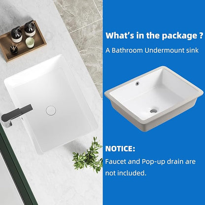 20 Inch Rectangle Undermount Bathroom Sink 19.5" X 15.9" Under Counter Vanity Sink Opening Size 17.5" x 13.78" White Porcelain Basin Sink Lavamanos Para Baños KINGWONG