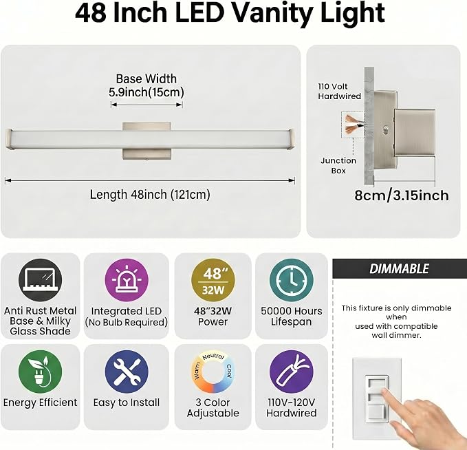 URSOLA 48" Modern LED Bathroom Light Fixtures, Brushed Nickel 3CCT Dimmable Bathroom Vanity Light Over Mirror, Bathroom Vanity Bath Bar Lights with Double Layer Acrylic Shade