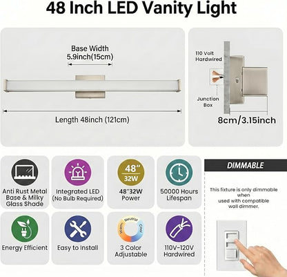 URSOLA 48" Modern LED Bathroom Light Fixtures, Brushed Nickel 3CCT Dimmable Bathroom Vanity Light Over Mirror, Bathroom Vanity Bath Bar Lights with Double Layer Acrylic Shade