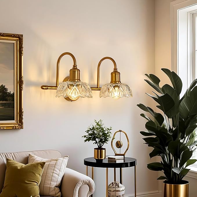 UOFUS Vintage Bathroom Light Fixtures Gold Bathroom Vanity Light Matte Antique Brass 2-Light Wall Sconces Lighting for Bedroom Living Room Hallway