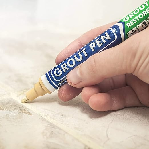 Grout Pen Cream Tile Grout Paint Marker - Narrow 5mm Tip (7mL) - 3 Pack | Waterproof Grout Refresh Restorer for Kitchen & Bathroom, Colorant and Sealer Pens for Cleaner Looking Grout Lines - Cream