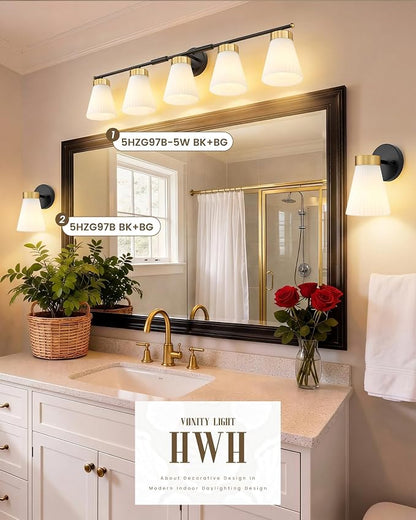 Bathroom Wall Sconces, HWH 5-Light Wall Mount Lighting Fixtures for Mirror, Modern Vanity Lights with Frosted Milk White Striped Glass, Black and Gold Finish, 5HZG97B-5W BK+BG