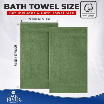 DAN RIVER 600 GSM Cotton Large Bath Towels Set of 4, 27 x 54 Inches, Green | Larger & Lighter Weight Towels for Bathroom - Highly Absorbent & Quick Dry 100% Cotton Bath Towel Set for Home, Spa & Hotel