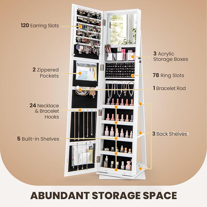CHARMAID 3-in-1 Jewelry Armoire with Full Length Mirror, 360° Swivel Lockable Jewelry Cabinet with Shelves, Freestanding Mirror Organizer for Earrings, Necklaces, Rings, Makeup (White)