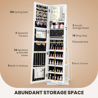 CHARMAID 3-in-1 Jewelry Armoire with Full Length Mirror, 360° Swivel Lockable Jewelry Cabinet with Shelves, Freestanding Mirror Organizer for Earrings, Necklaces, Rings, Makeup (White)