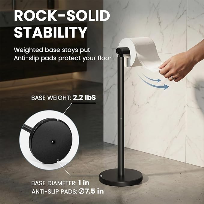 Cesun Free Standing Toilet Paper Holder Stand with Weighted Base, Black | SUS304 Rustproof Steel | Thick Non-Slip Base | Swivel Pivot Design | Slim Footprint | Holds 5 Rolls
