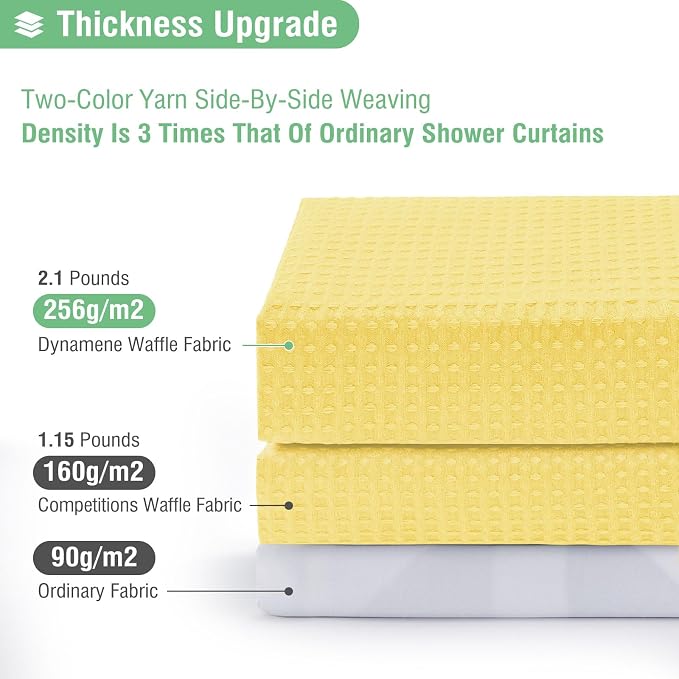 Long Waffle Shower Curtain 256 GSM Heavy Fabric 72x78 Yellow | 78 Inch Long, Thick Cloth, Weighted Hem, Water Repellent, Tall Hotel Luxury Polyester Shower Curtains for Bathroom 12 Hooks