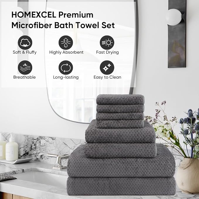 HOMEXCEL 8PK Bath Towel Set, Soft Absorbent, 2 Bath, 2 Hand, 4 Wash, Grey | Light Weight, Quick Drying Towel Set for Bathroom, Gym, Hotel, SPA, Sport, Yoga, Fitness