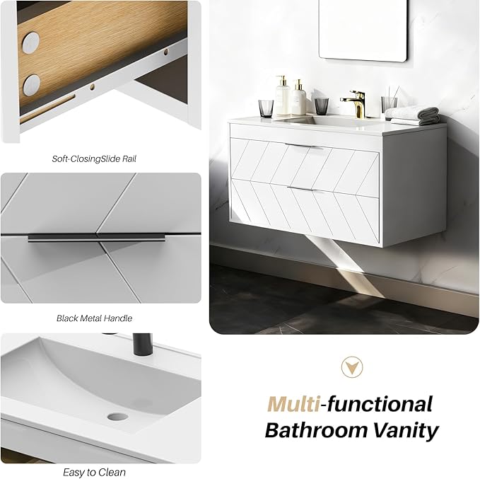 30 Inch Bathroom Vanity with Sink, Modern Floating Bathroom Vanity with Resin Sink, 2 Large Storage Darwers, Wood Grain Texture Wall Mounted Vanity, Metal Handles, White