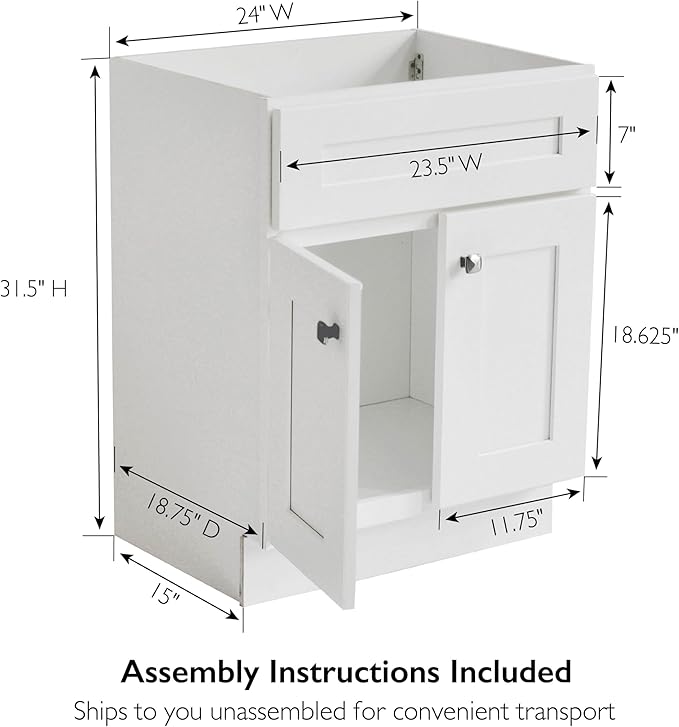 Design House Brookings Bathroom Vanity, 24", White | Adjustable Hinges, Freestanding, Contemporary/Modern, Wood, Bath, 586925