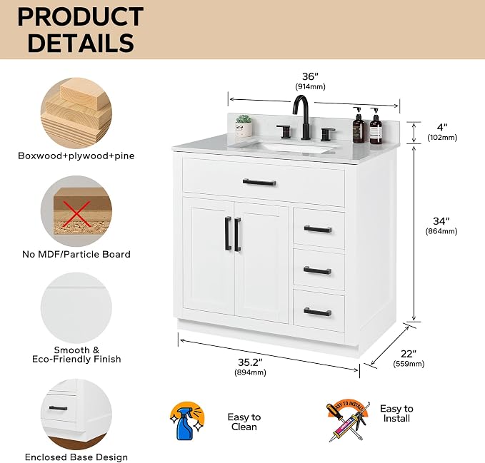 36-inch White Bathroom Vanity with Sink, Solid Wood, 0.79-inch Stone Countertop and Backsplash, 4 Drawers, 2 Soft Closing Doors