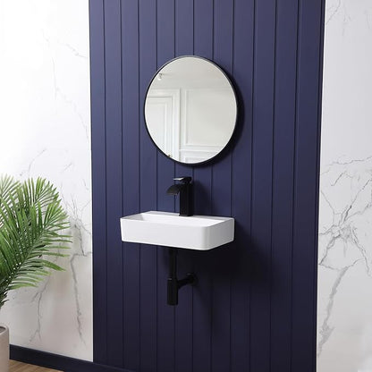 Wall Mount Bathroom Vessel Sink 17"x11" Rectangular Floating White Porcelain Ceramic Wall Hung Vanity Basin Sink for Home,RV,Bathroom