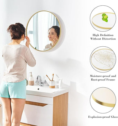 Sweetcrispy 24 Inch Round Wall Mirror, Bathroom Mirror for Over Sink | Tempered Glass, Anti-Fog & Waterproof Round Mirrors for Bathroom, Entryway, Bedroom, Shatterproof Design, Gold