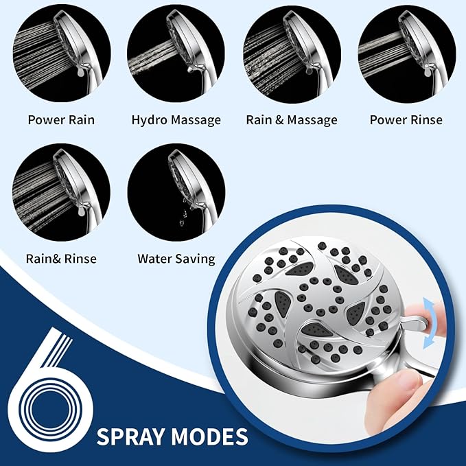 6-Mode Shower Head with Handheld, High Pressure Hand held Shower Head | 3.94 Inch Chrome Handheld Spray with 59 Inch Stainless Steel Hose and Adjustable Showerhead Holder, Tool-free Installation