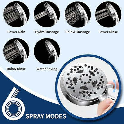 6-Mode Shower Head with Handheld, High Pressure Hand held Shower Head | 3.94 Inch Chrome Handheld Spray with 59 Inch Stainless Steel Hose and Adjustable Showerhead Holder, Tool-free Installation