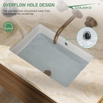 20x14 Inch White Rectangle Undermount Bathroom Sink | Interior Bowl Size 18"W x 12"D, Ceramic, Curved Bottom, Easy to Clean, with Overflow, Ideal for Bathroom, Lavatory