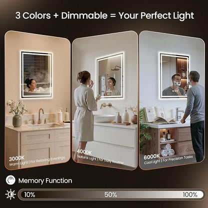 24x32 LED Bathroom Mirror with Anti-Fog, Backlit & Front Lit, Memory | Stepless Dimmable 3 Color CRI 95+ Shatterproof Tempered Glass ETL Listed for Safety Lighted Bathroom Vanity Mirror for Wall