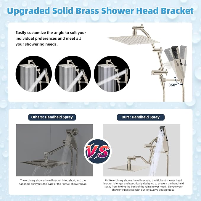 Hibbent All Metal CUPC Certified 8'' Rainfall Shower Head, Dual Shower Head Combo, High Pressure Handheld 4 Sprays Shower Wand, 16'' Adjustable Extension Arm, 71'' Hose, Shower Holder, Brushed Nickel