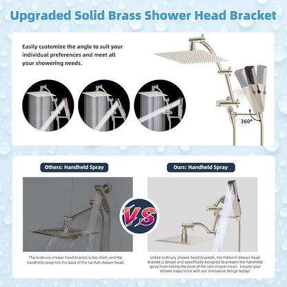 Hibbent All Metal CUPC Certified 8'' Rainfall Shower Head, Dual Shower Head Combo, High Pressure Handheld 4 Sprays Shower Wand, 16'' Adjustable Extension Arm, 71'' Hose, Shower Holder, Brushed Nickel