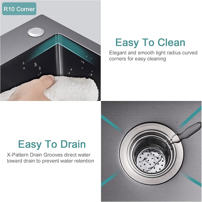 Black Topmount Kitchen Sink - 22”×18” Single Bowl Sink | 9 Inch Deep Handmade Bar Sink with Strainer, Stainless Steel 304, Center Drain, X-Groove Drainage, Sound-Dampening Pad
