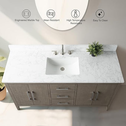 Vanity Art 60 inch Bathroom Vanity with Single Sink & Ceramic Top, Vanity Cabinet with Soft-Closing Doors, Drawers, Solid Wood Frame, Driftwood Gray, VA9060-SDG-MB1