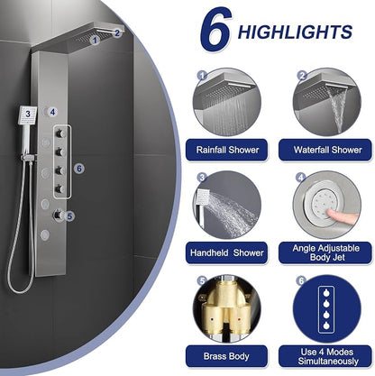 ROVATE 4-in-1 Rainfall Waterfall Shower Panel Tower System, Brushed Finish | Shower Column with Body Massage Jets and Handheld, Stainless Steel High Pressure, Use Multiple Functions Simultaneously