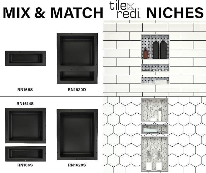 Tile Redi USA Niche Single Recessed Shower Shelf – Black, One Inner Shelf, 16-Inch Width x 6-Inch Height x 4-Inch Depth (RN166S-BI)